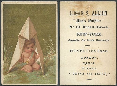 VICTORIAN TRADE CARD FOR EDGAR S. ALLIEN MEN'S OUTFITTER WITH BOY IN PAPER HOUSE