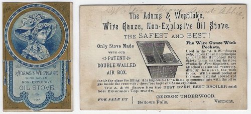 VICTORIAN TRADE CARD FOR ADAMS AND WESTLAKE OIL STOVE WITH GIRL