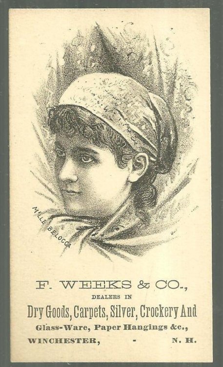 VICTORIAN TRADE CARD FOR F. WEEKS DRY GOODS WITH M'LLE BELOCCA