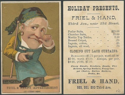 VICTORIAN TRADE CARD FOR FRIEL AND HAND WITH MAN WITH BROOM USING SNUFF