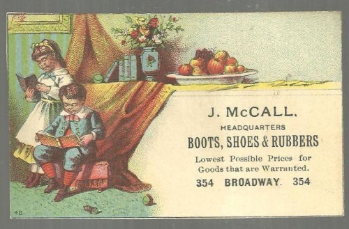 VICTORIAN TRADE CARD FOR J. MCCALL BOOTS WITH CHILDREN READING