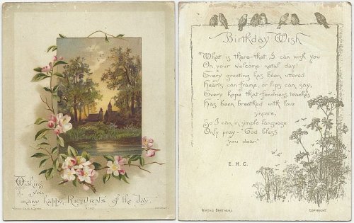 VICTORIAN BIRTHDAY WISHES GREETING CARD WITH CHURCHES AND FLOWERS