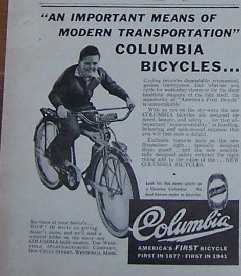 1941 COLUMBIA BICYCLES MAGAZINE ADVERTISEMENT