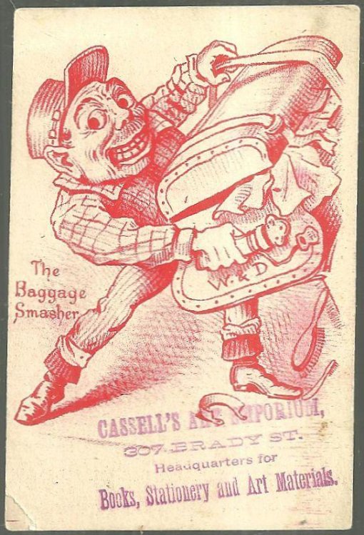 VICTORIAN TRADE CARD FOR CASSELL'S ART EMPORIUM WITH THE BAGGAGE SMASHER