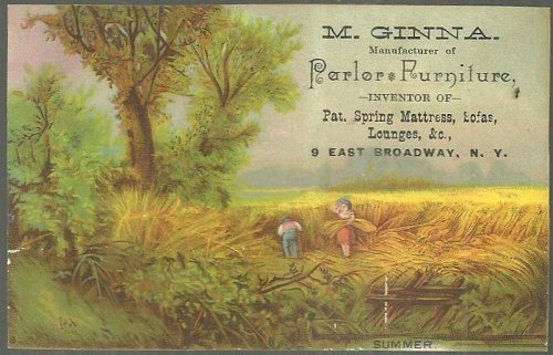 VICTORIAN TRADE CARD FOR M. GINNA PARLOR FURNITURE WITH SUMMER SCENE