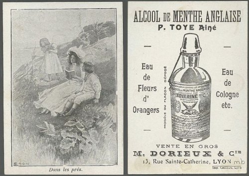VICTORIAN TRADE CARD FOR ALCOOL DE MENTHE ANGLAISE EAU DE COLOGNE, LYON WITH DANS LES PRES