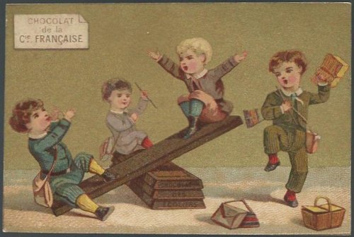 VICTORIAN TRADE CARD FOR CHOCOLAT DE LA CIE FRANCAISE WITH BOYS PLAYING