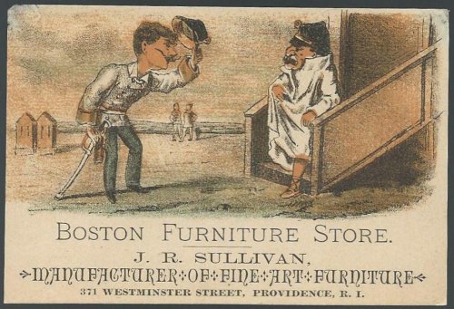 VICTORIAN TRADE CARD FOR BOSTON FURNITURE STORE WITH SOLDIERS