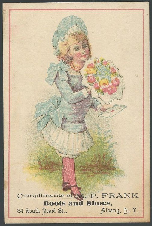 VICTORIAN TRADE CARD FOR M. P. FRANK BOOTS AND SHOES WITH GIRL AND BOUQUET
