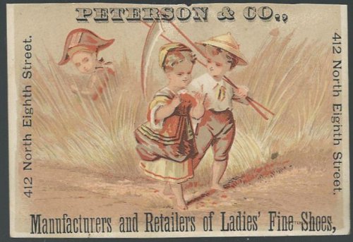 VICTORIAN TRADE CARD FOR PETERSON & CO., SHOES WITH FARMER COUPLE