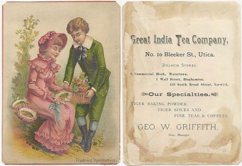 VICTORIAN TRADE CARD FOR GREAT INDIA TEA COMPANY WITH COURTING COUPLE, FRAGRANT RECOLLECTION