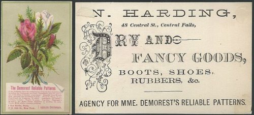 VICTORIAN TRADE CARD FOR DEMOREST RELIABLE PATTERNS WITH ROSE BOUQUET