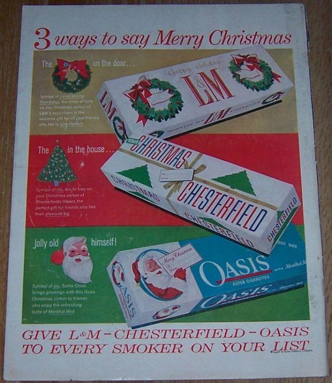 1957 L & M, CHESTERFIELD AND OASIS CIGARETTES LIFE MAGAZINE COLOR CHRISTMAS ADVERTISEMENT