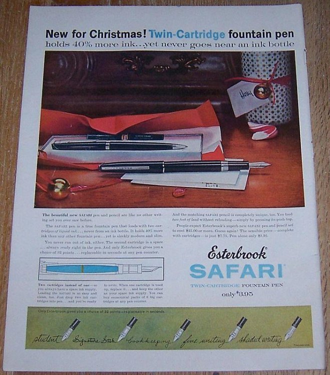 1957 ESTERBROOK SAFARI PEN AND PENCIL LIFE MAGAZINE COLOR CHRISTMAS ADVERTISEMENT