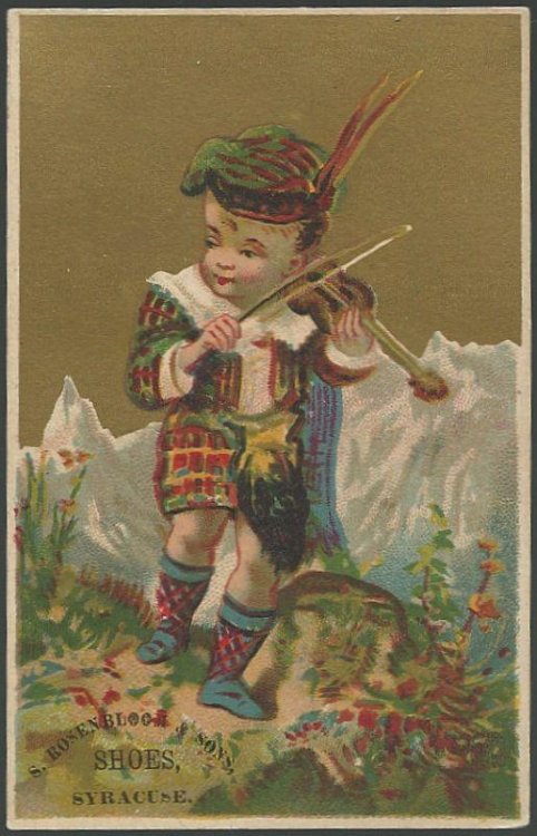 VICTORIAN TRADE CARD FOR S. ROSENBLOOM AND SONS SHOES WITH SCOTTISH BOY PLAYING FIDDLE