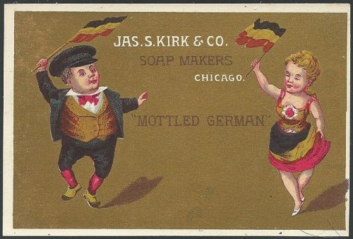 VICTORIAN TRADE CARD FOR J S KIRK SOAPS WITH MOTTLED GERMAN
