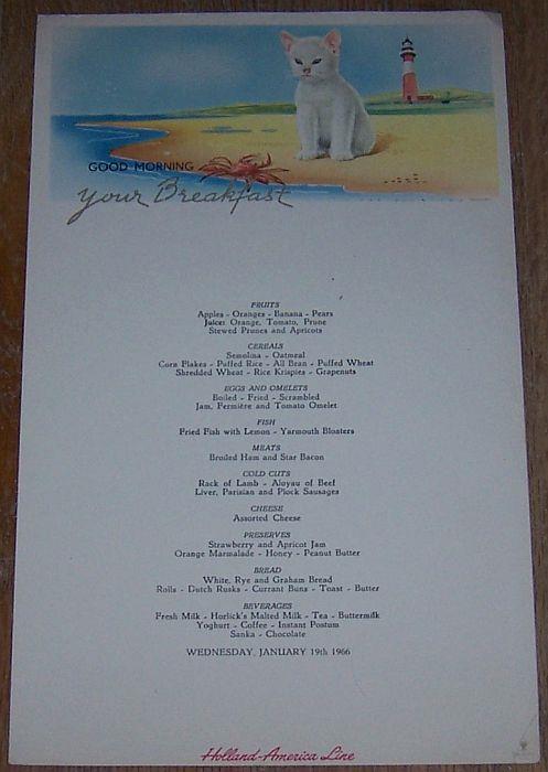 VINTAGE BREAKFAST MENU FOR HOLLAND-AMERICA LINE WEDNESDAY, JANUARY 19TH, 1966
