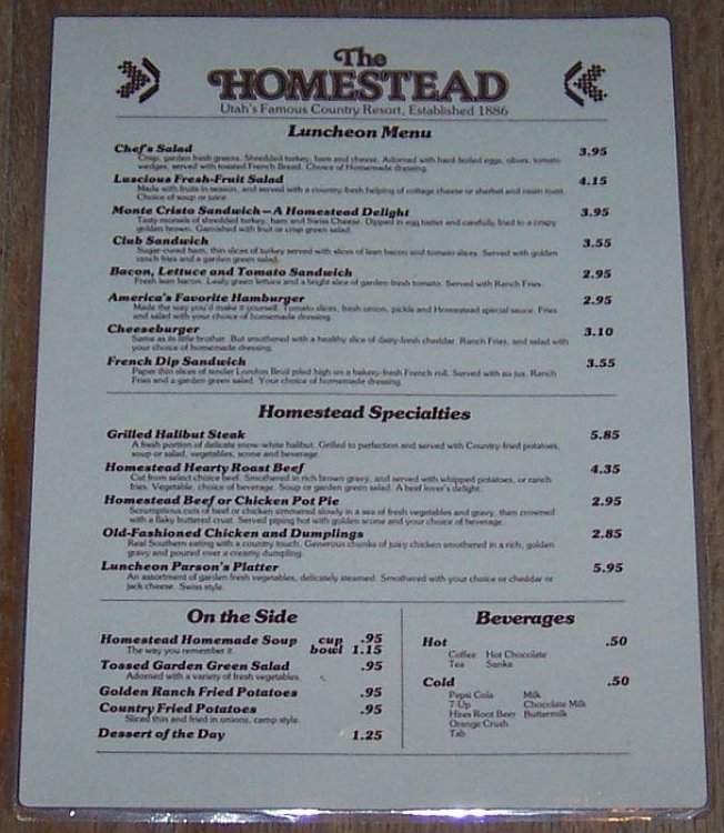 VINTAGE LUNCHEON MENU FOR THE HOMESTEAD, MIDWAY, UTAH