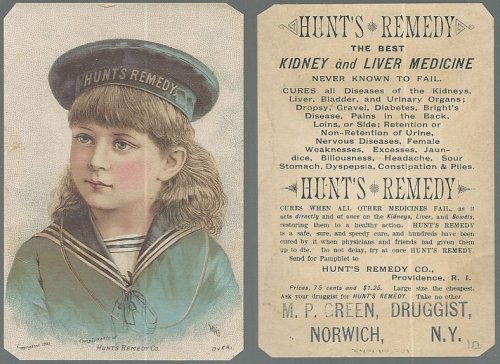 VICTORIAN TRADE CARD FOR HUNT'S REMEDY WITH SAILOR BOY
