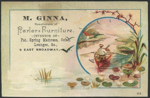 VICTORIAN TRADE CARD FOR M. GINNA PARLOR FURNITURE WITH MAN IN ROWBOAT