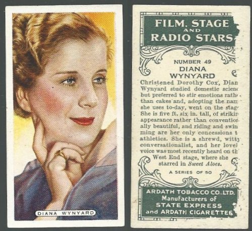 VINTAGE ARDATH CIGARETTE CARD WITH DIANA WYNYARD