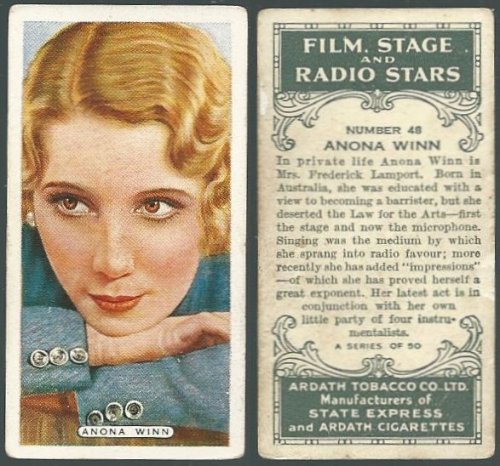 VINTAGE ARDATH CIGARETTE CARD WITH ANONA WINN