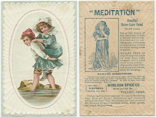 VICTORIAN TRADE CARD FOR THE WOOLSON SPICE COMPANY WITH BOY CARRYING GIRL THROUGH WATER