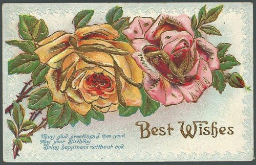 BEST WISHES BIRTHDAY POSTCARD WITH ROSES OUTLINED IN GOLD