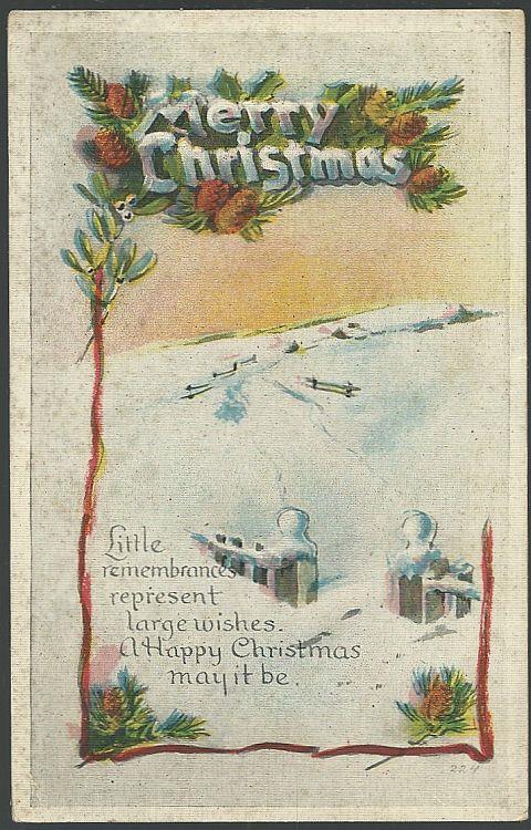 MERRY CHRISTMAS POSTCARD WITH SNOWY LANDSCAPE