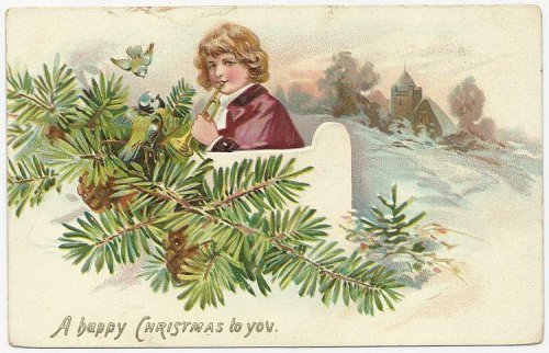 HAPPY CHRISTMAS POSTCARD WITH BOY AND HORN