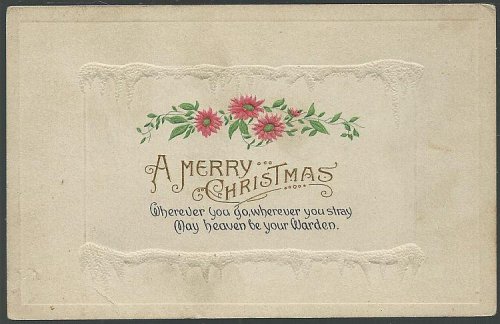 MERRY CHRISTMAS POSTCARD WITH PINK FLOWERS AND ICICLES