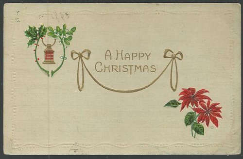 HAPPY CHRISTMAS POSTCARD WITH POINSETTIAS AND LANTERN