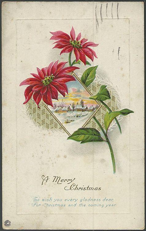 MERRY CHRISTMAS POSTCARD WITH POINSETTIAS AND SNOWY LANDSCAPE