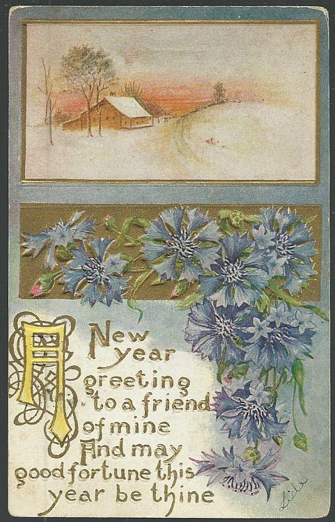 NEW YEAR POSTCARD WITH SNOWY LANDSCAPE AND CARNATIONS