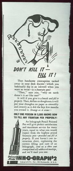 1943 MAGAZINE ADVERTISEMENT FOR INK-O-GRAPH FOUNTAIN PENS