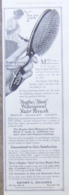 1917 LADIES HOME JOURNAL ADVERTISEMENT FOR HUGHES IDEAL WATERPROOF HAIR BRUSH