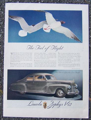 1942 LINCOLN ZEPHYR V-12 LIFE MAGAZINE ADVERTISEMENT