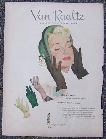 1940S VAN RAALTE HANDSEWN REINDOE GLOVES MAGAZINE ADVERTISEMENT
