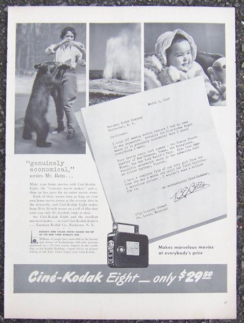 1940 CINE KODAK EIGHT LIFE MAGAZINE ADVERTISMENT