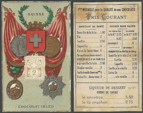VICTORIAN TRADE CARD FOR CHOCOLAT IBLED SUISSE