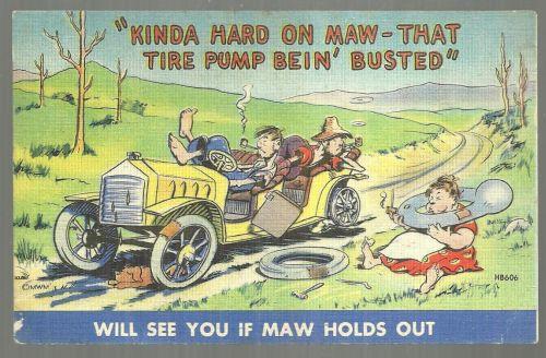 COMIC POSTCARD OF HILLBILLY FAMILY TRAVELING IN CAR