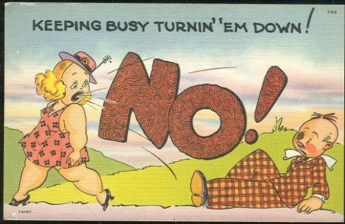 COMIC POSTCARD OF BUSY LADY TURNING 'EM DOWN