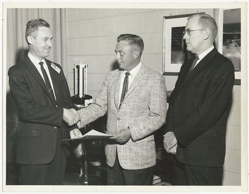 ORIGINAL PHOTOGRAPH OF THREE MEN AT MARSHALL SPACE FLIGHT CENTER