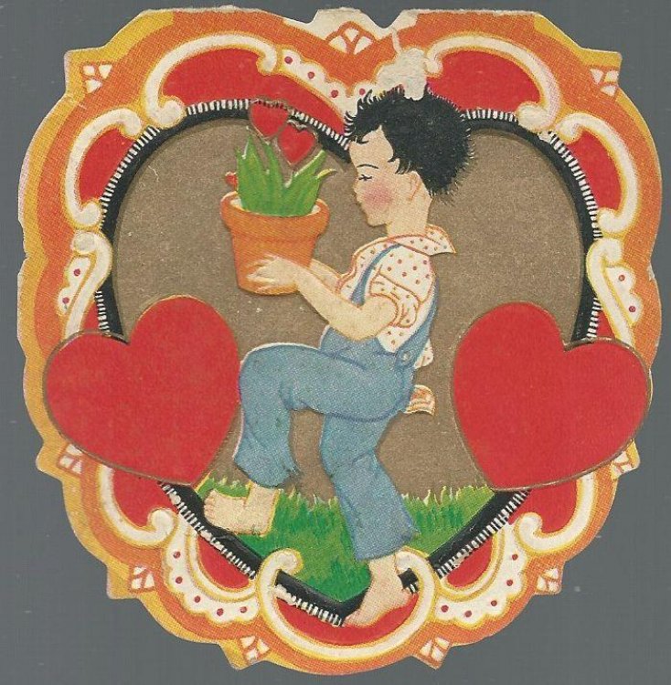 VINTAGE VALENTINE WITH BOY CARRYING POTTED PLANT
