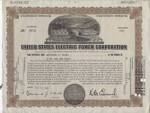 UNITED STATES ELECTRIC POWER CORPORATION STOCK CERTIFICATE