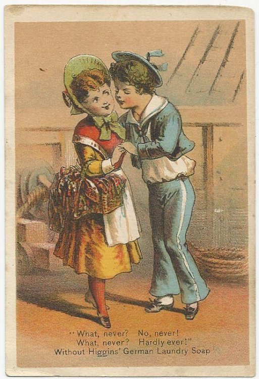 VICTORIAN TRADE CARD FOR HIGGINS' GERMAN LAUNDRY SOAP WITH HMS PINAFORE