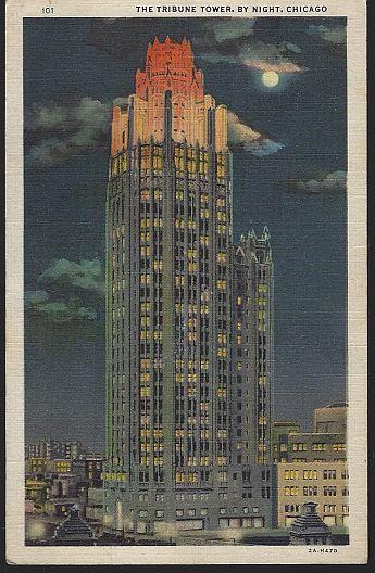 TRIBUNE TOWER BY NIGHT, CHICAGO, ILLINOIS