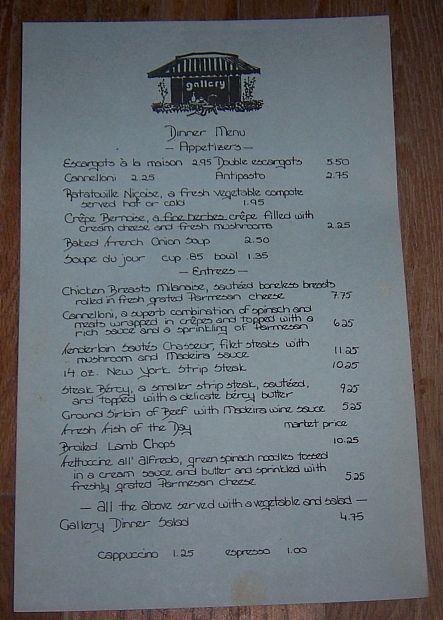 MENU FROM THE GALLERY RESTAURANT, LAKE FOREST, ILLINOIS