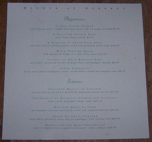 VINTAGE DINNER MENU FROM AUBERGE RESTAURANT, ZIONSVILLE, INDIANA