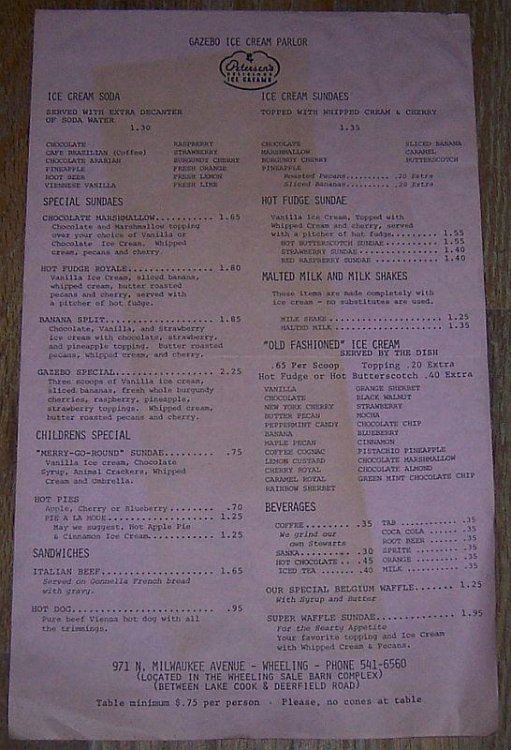 VINTAGE MENU FROM THE GAZEBO ICE CREAM PARLOR, WHEELING, ILLINOIS